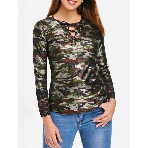 Lace Details Camo Criss Cross Top - S