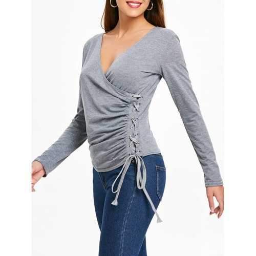 Slim Fit Criss Cross Ruched Top - Gray M