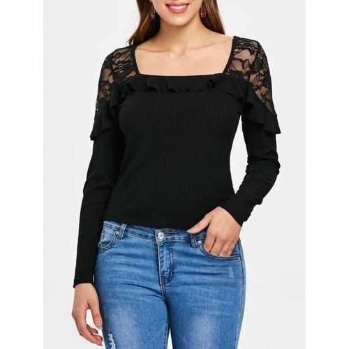 Ruffle Embellished Lace Panel Ribbed Top - Black L