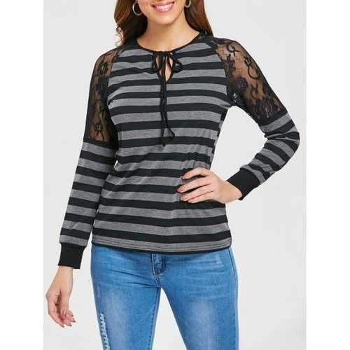 Long Sleeve Lace Insert Striped T-shirt - Gray S