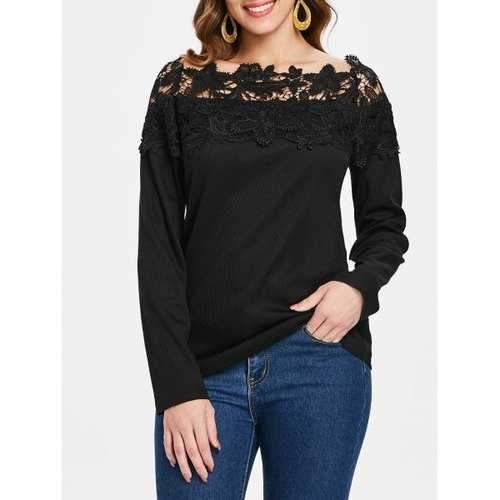 Boat Neck Lace Panel Top - Black S