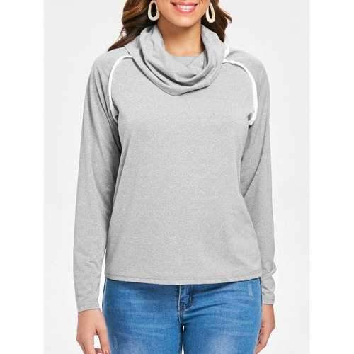 Cowl Neck Long Sleeve Contrast Top - Light Gray Xl