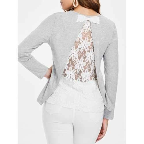 Back Lace Panel Bowknot Embellished Top - Gray L