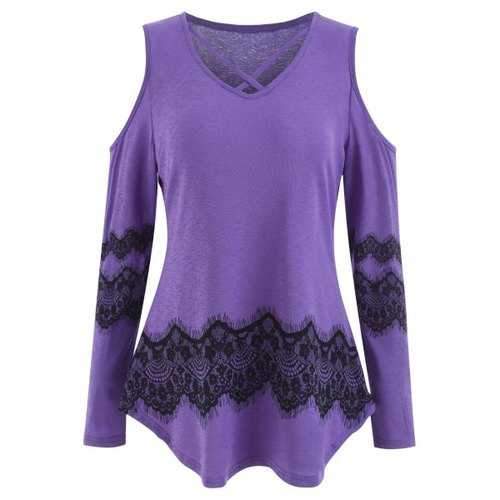 Cut Out Shoulder Long Sleeve Printed T-shirt - Purple Mimosa L