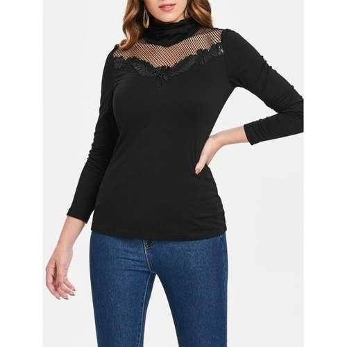 Mesh Panel Long Sleeve Turtleneck T-shirt - Black M