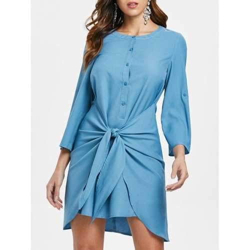 Buttons Knotted Mini Dress - Blue Ivy S