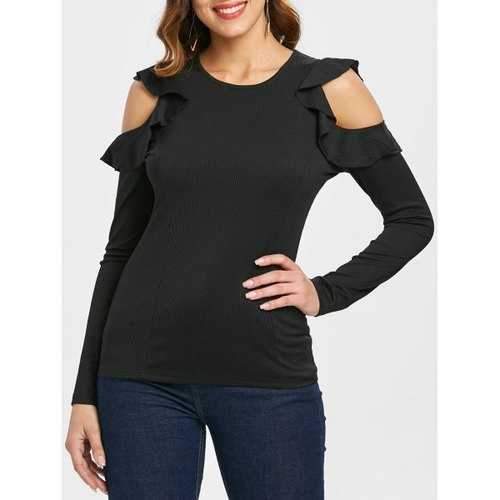 Long Sleeve Ruffle T-shirt - Black Xl