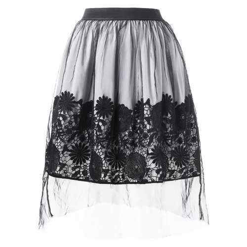 Mesh Overlap Lace Applique Midi Skirt - Black M