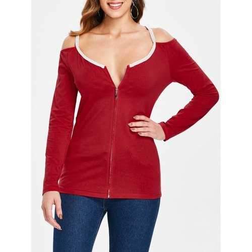 Zipper Cold Shoulder T-shirt - Red S