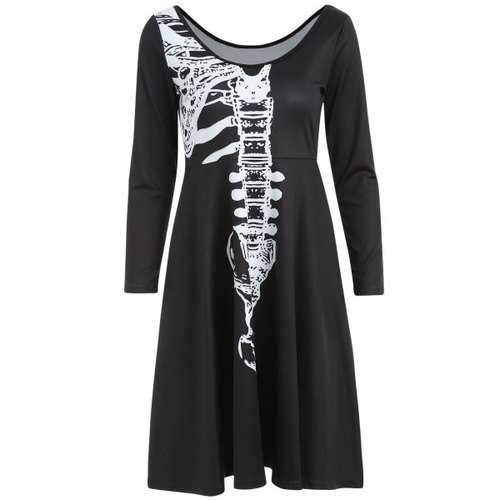 Halloween Skeleton Print A Line Dress - Black S