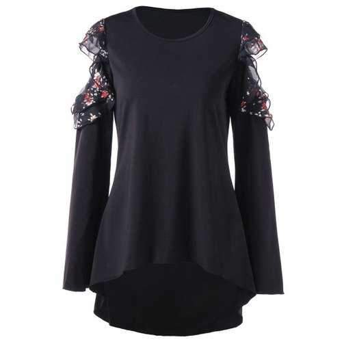 Floral Chiffon Cut Out Shoulder Asymmetrical T-shirt - Black L