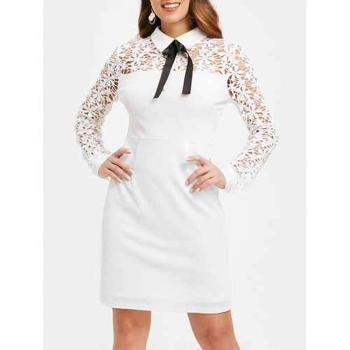 Floral Lace Panel Sheath Dress with Bowknot - White L