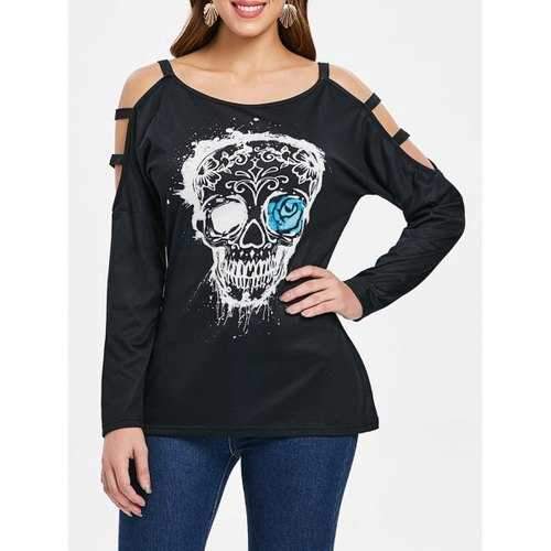 Skull Print Cut Out Full Sleeve T-shirt - Black S