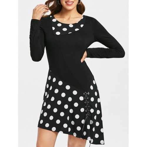 Polka Dot Lace Up Tunic Dress - Black S