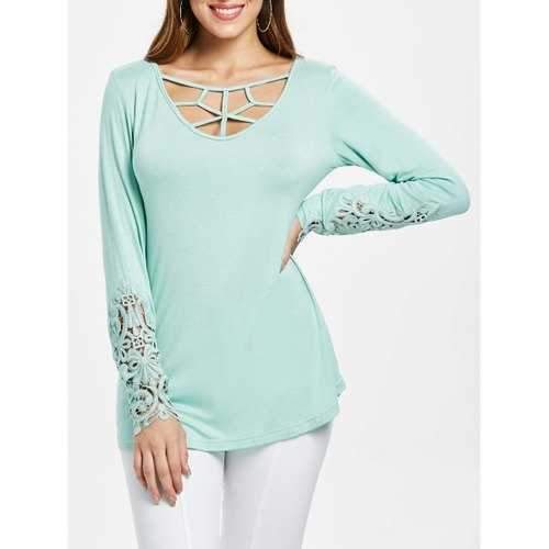 Strappy Cut Lace Cuffs Full Sleeve T-shirt - Light Cyan L