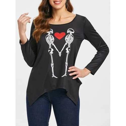 Long Sleeve Skeleton Print T-shirt - Black L