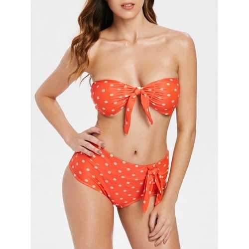 Strapless Polka Dot Bikini Set - Bean Red L