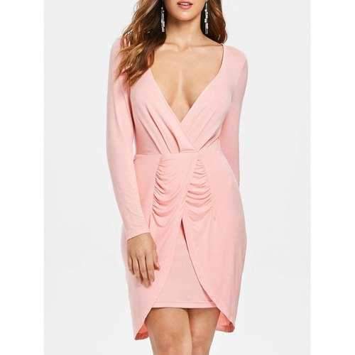 Ruched Plunge Bodycon Dress - Pink S