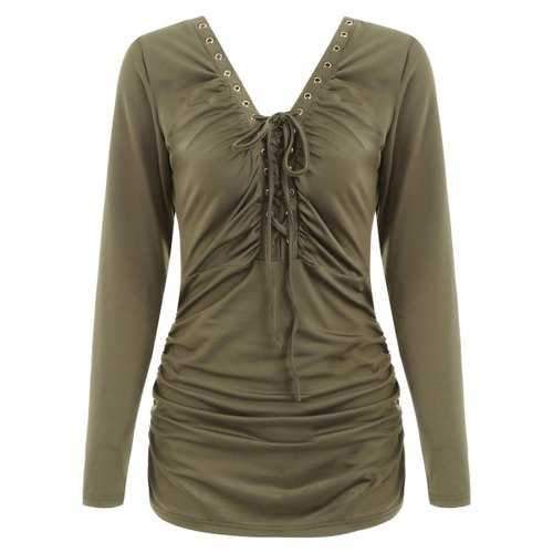 Lace Up Ruched T-shirt - Army Green 2xl