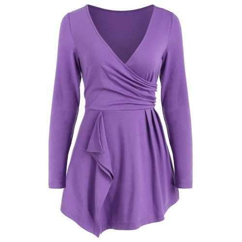 Long Sleeve Deep V Neck T-shirt - Purple M