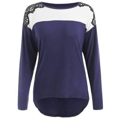 Two Tones Crochet Panel Long Sleeve T-shirt - Deep Blue S