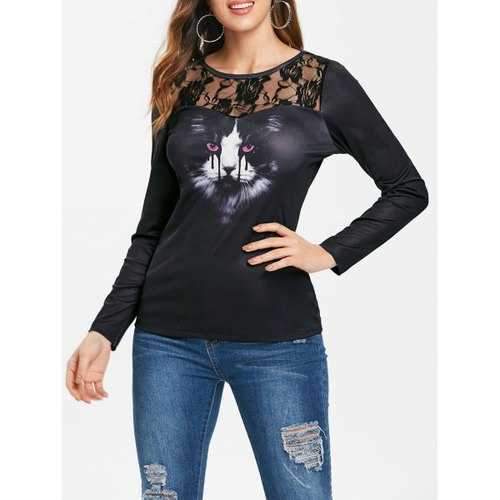 Halloween 3D Cat Print Lace Insert T-shirt - Black S