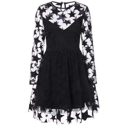 Stars Pattern Lace Overlay Dress - Black L