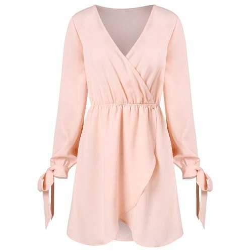 V Neck Asymmetrical Surplice Dress - Light Pink L