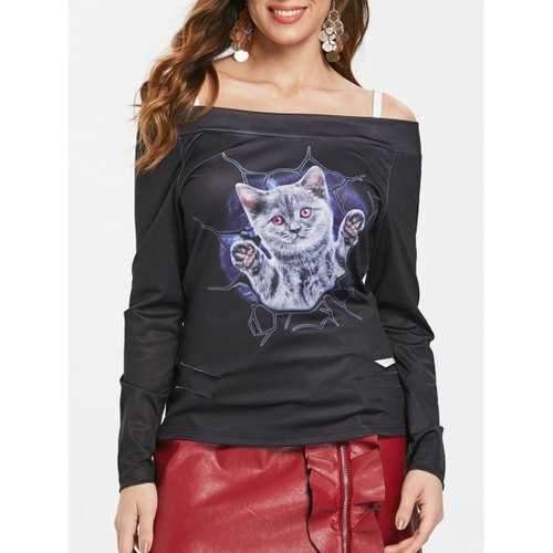 Halloween Cold Shoulder 3D Cat Print T-shirt - Black S