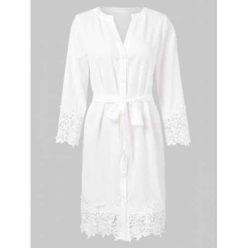 Long Sleeve V Neck Belted Dress - White M