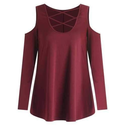 Lacing Front Cut Out Shoulder T-shirt - Firebrick M