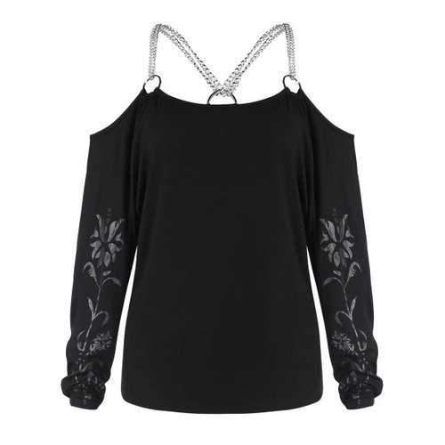 Printed Sleeve Cold Shoulder Chains Tee - Black L