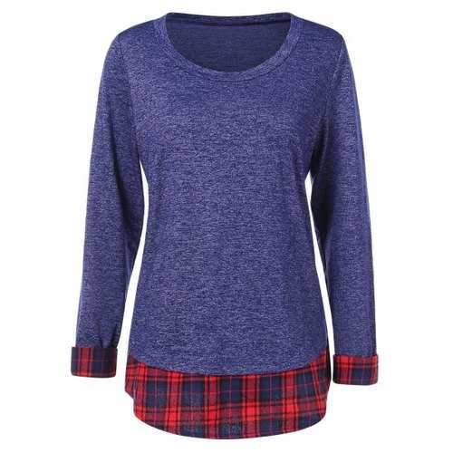 Tartan Trim Long Sleeve T-shirt - Blue L