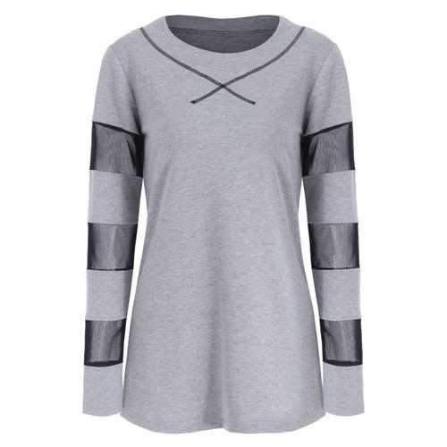 Mesh Embellished Long Sleeve T-shirt - Gray M