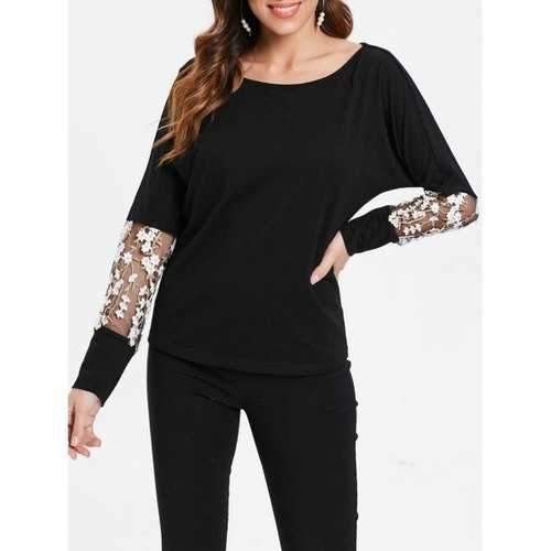 Long Sleeve Floral Embroidery T-shirt - Black S