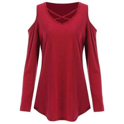 Open Shoulder Criss Cross T-shirt - Red S