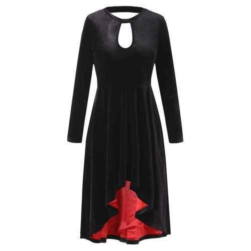 Long Sleeve Cut Out Back Velvet Dress - Black M