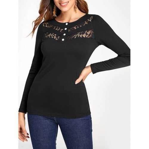 Buttons Lace Panel Long Sleeve Tee - Black S