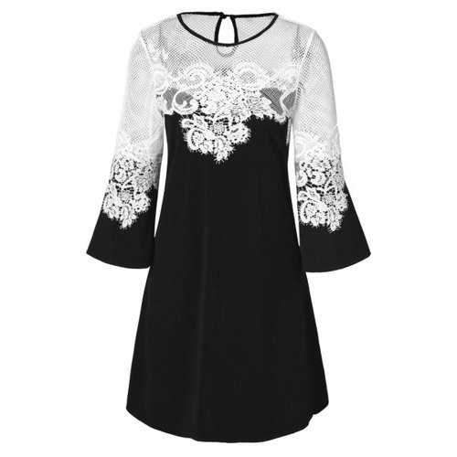 Lace Panel Openwork A Line Dress - Black Xl