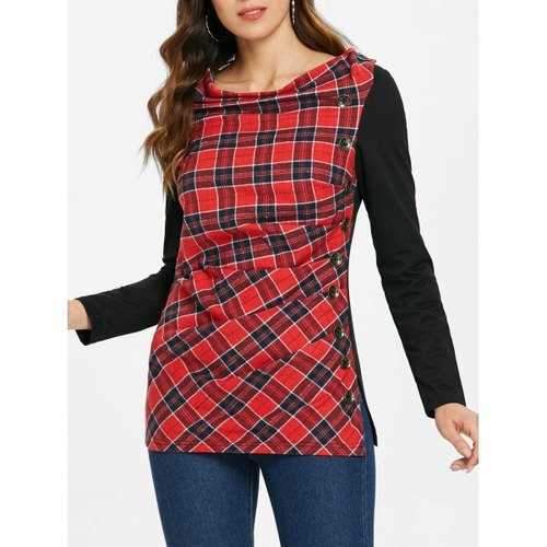 Long Sleeve Ruched Tartan T-shirt with Buttons - L