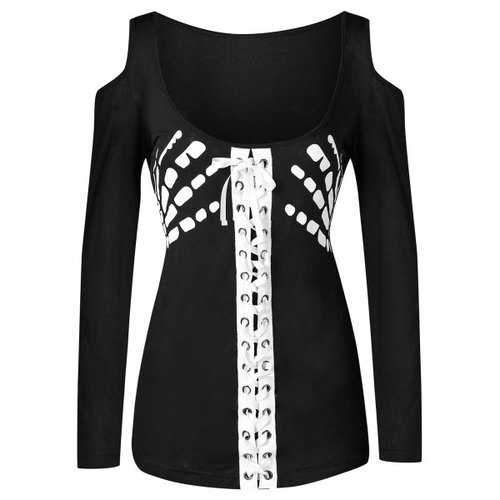 Cold Shoulder Lace Up Skeleton Print T-shirt - Black L