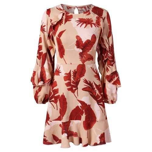 Leaf Print Tie Back Flounce Dress - M