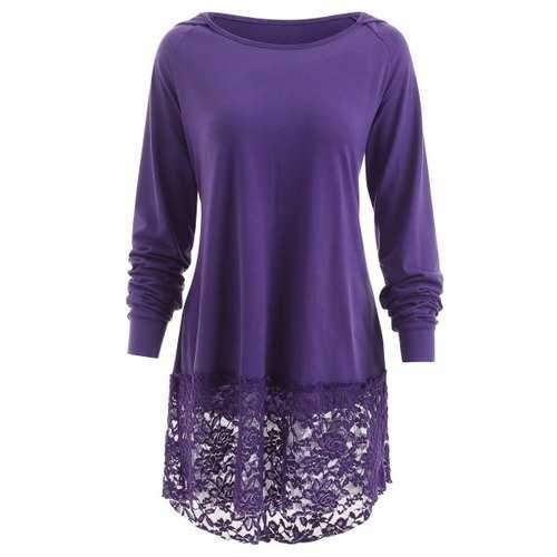 Lace Panel Hooded T-shirt - Purple S