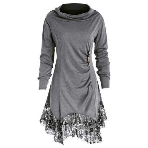 Long Sleeve Cowl Neck Tunic T-shirt - Gray L