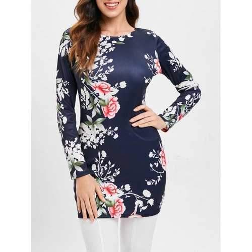 Floral Print Long Sleeve Slim T-shirt - Midnight Blue 2xl