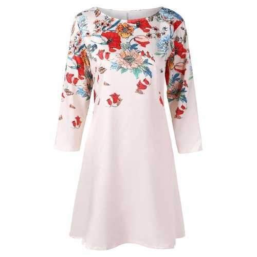 Floral Print Short Casual Dress - Milk White L