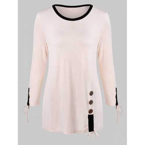 Buttons Embellished Two Tone T-shirt - Blanched Almond M