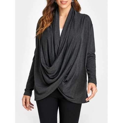 Cowl Neck Asymmetric Hem Wrap T Shirt - Black S