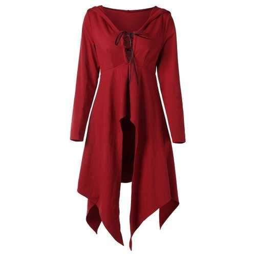 Hooded Lace Up High Low Long Top - Red Wine Xl