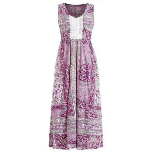 Lace Insert Bohemian Print Maxi Dress - M